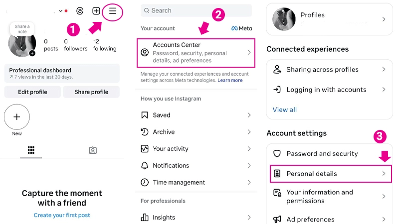 إعدادات مركز الحسابات (Account Center) في تطبيق إنستغرام لحذف الحساب بالكامل وبشكل سريع.