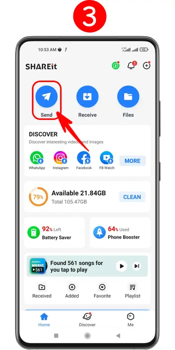 زدن دکمه ارسال در گوشی اول برای انتقال مخاطبین آن به گوشی جدید با شیریت