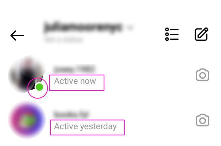 Estado de actividad Instagram y círculo verde en Direct