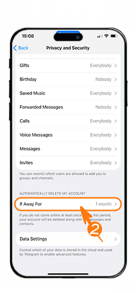 إعدادات آيفون لـ حذف حساب تيليجرام