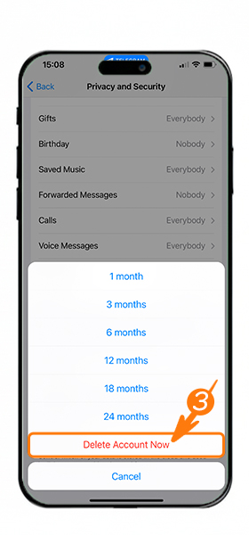 انتخاب دلیت اکانت تلگرام در آیفون