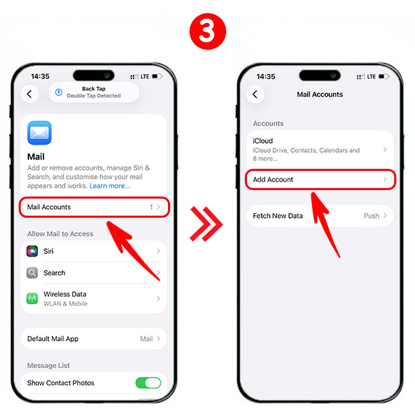 Tapping on the "Mail Accounts" option and selecting "Add Account" to add a new email provider.