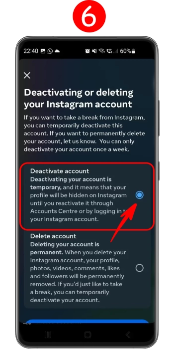 اختيار خيار الغاء تنشيط حساب انستا للحذف بشكل مؤقت.