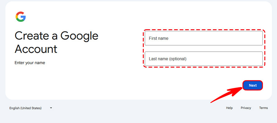 Entering the First Name and Last Name in the Google personal information form.