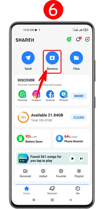 زدن گزینه دریافت در شیریت گوشی دوم برای انتقال مخاطبین 