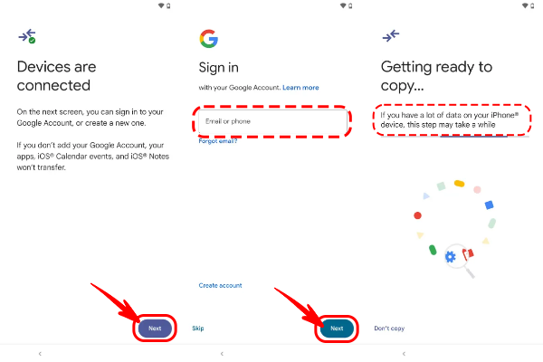 وارد کردن حساب جیمیل در گوشی اندروید و شروع اسکن اطلاعات آیفون برای انتقال داده‌ها