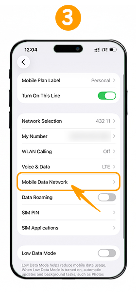 دست کاربر روی گزینه Mobile Data Network در آیفون