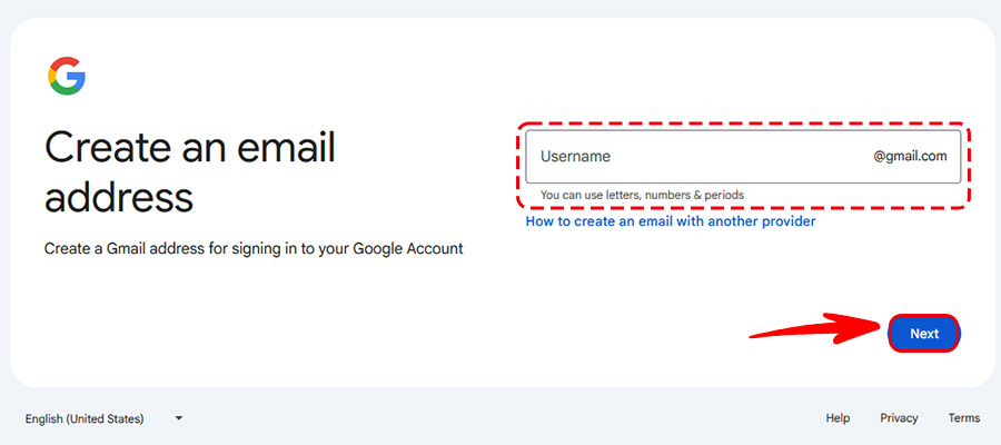 Choosing a custom Gmail address (Username) that matches your real name.