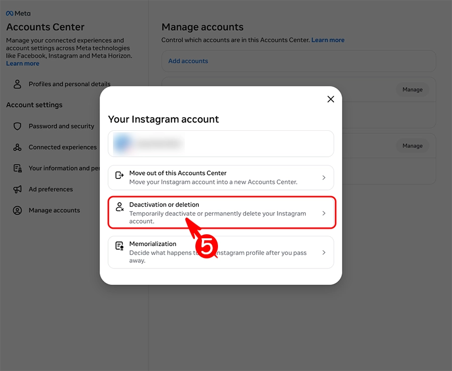 اختيار قسم إلغاء التنشيط والحذف في القائمة المفتوحة.
