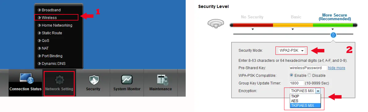 انتخاب پروتکل WPA2 برای تنظیمات رمز عبور وایرلس