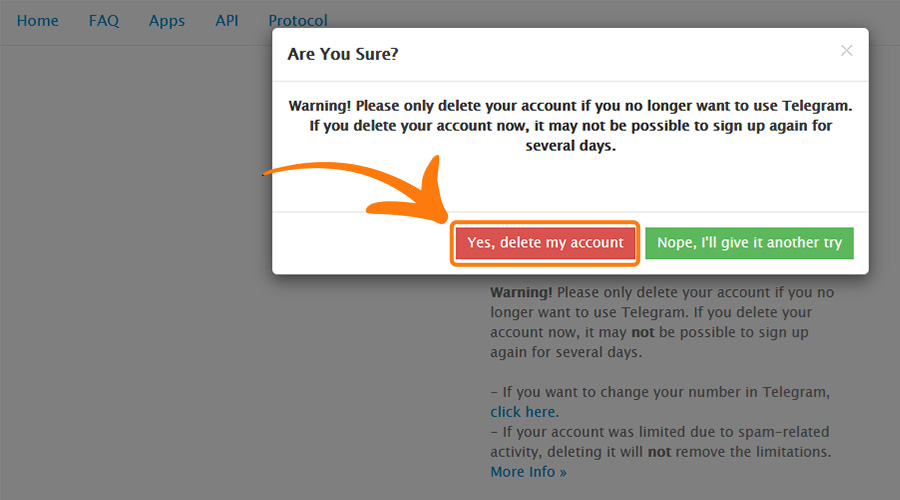 دکمه تایید نهایی دلیت اکانت تلگرام
