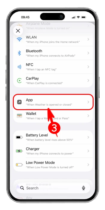 انتخاب گزینه App در لیست تنظیمات اتومیشن برای اعمال قفل روی برنامههای آیفون