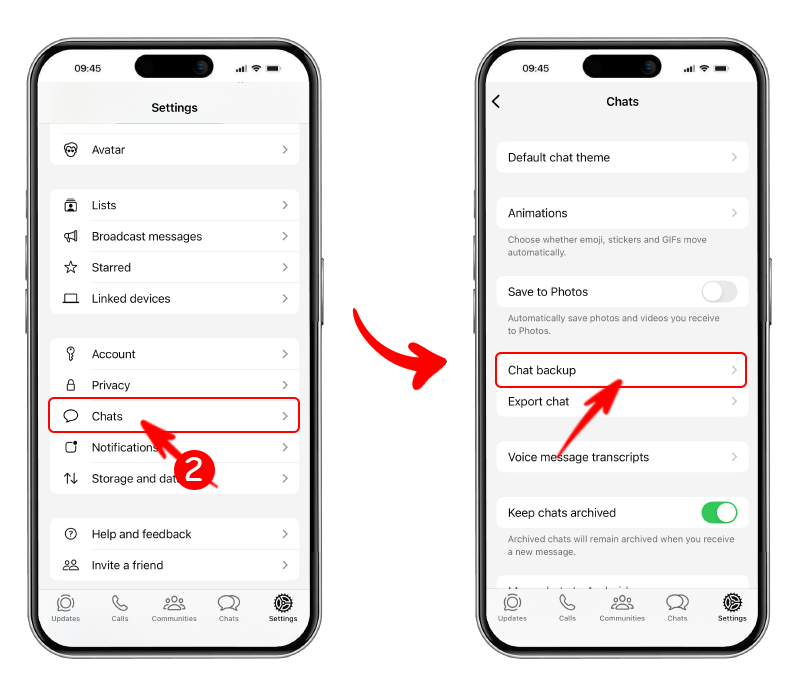 انتخاب گزینه Chats و ورود به بخش Chat Backup در تنظیمات واتساپ