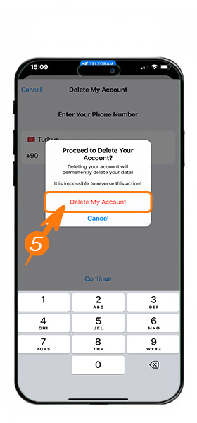 التأكيد النهائي لـ حذف حساب تيليجرام باستخدام هاتف آيفون