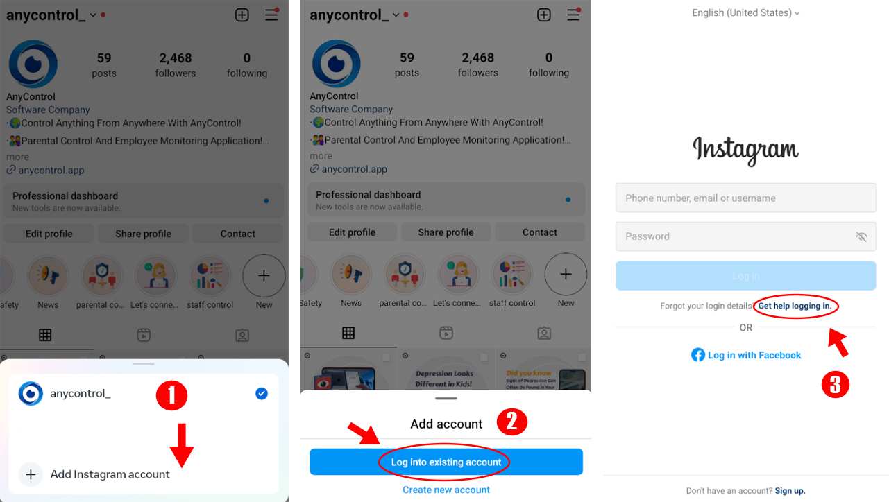 في صفحة تسجيل الدخول إلى Instagram، انقر فوق خيار "Get help logging in".