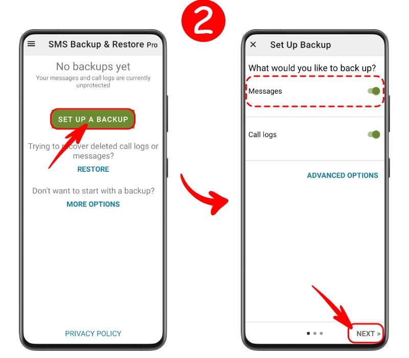 اختيار خيار Set Up a Backup في التطبيق وتفعيل علامة Messages لعمل نسخة احتياطية من الرسائل النصية
