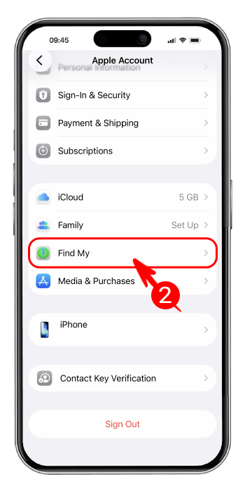 Apple ID در آیفون با گزینه Find My هایلایت شده برای مدیریت موقعیت دستگاه