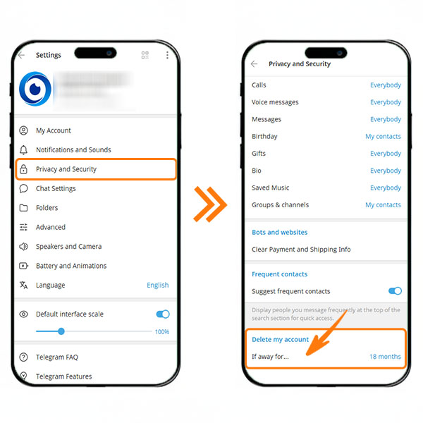 إعدادات الحذف التلقائي لحساب تيليجرام