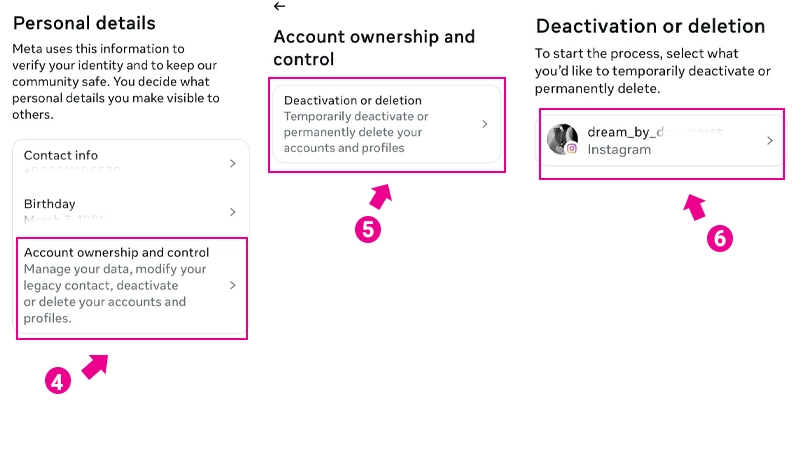 خطوات إعدادات إنستغرام للوصول إلى زر حذف الحساب وإلغاء التنشيط.