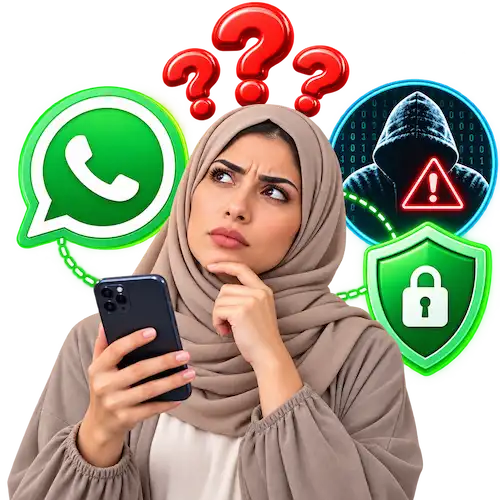 رجل يستخدم هاتفه بجانب شعار واتساب في تصميم يوضح اختراق واتساب عن بُعد