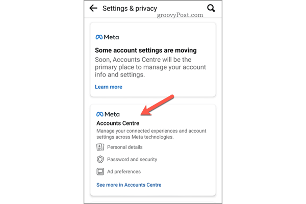Tap on the “Accounts Center” option. how to delete fb en