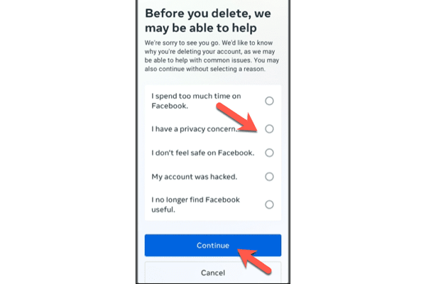 Choose “Delete account” on Facebook. how to delete fb en