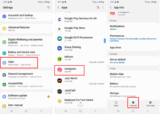 uninstal and re install insta android fix instareels